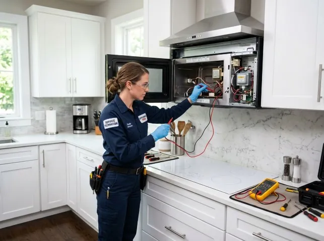 Appliance Repair Hero technician testing an over-the-range microwave in a Barkhamsted, CT kitchen
